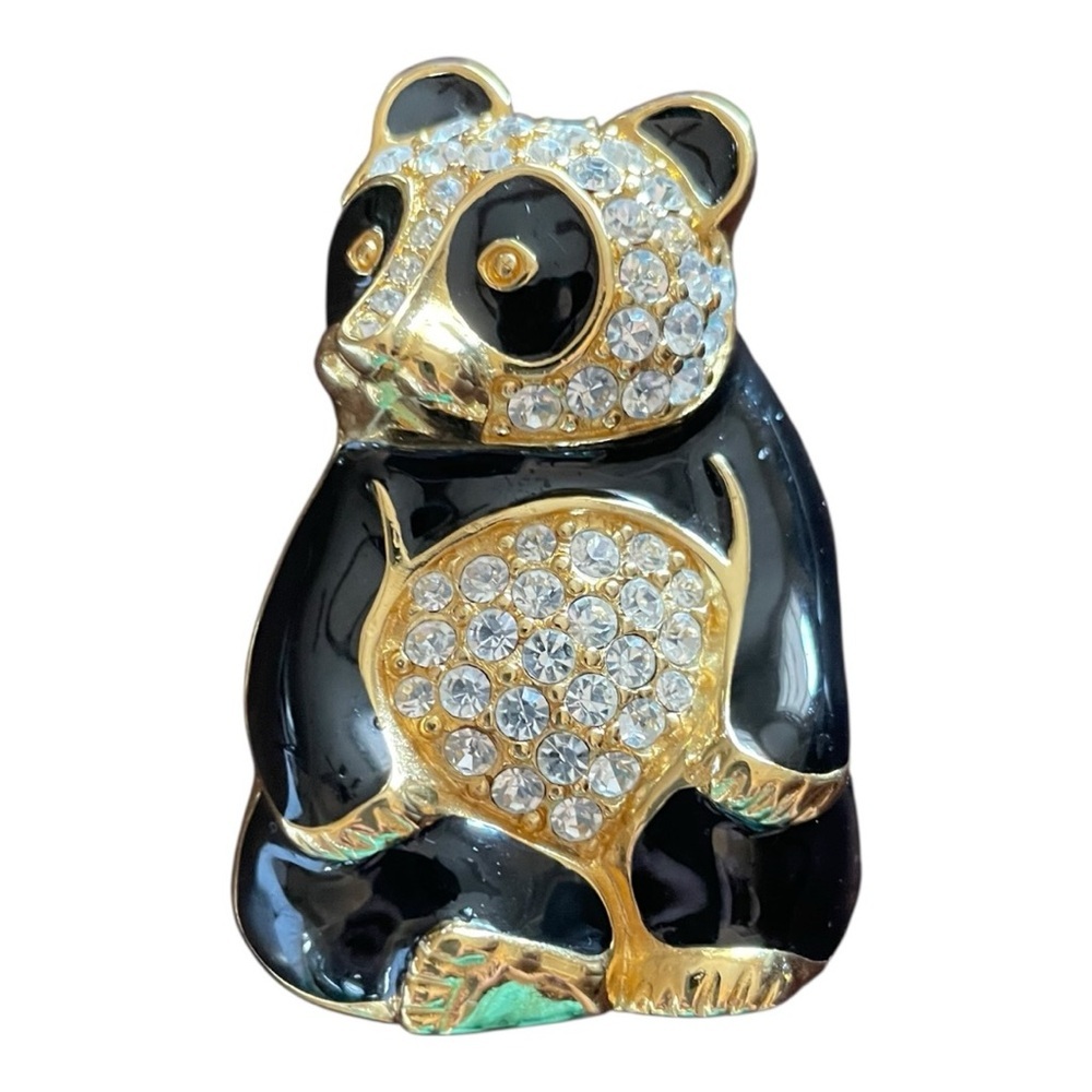 Trifari Vintage Black Enamel Rhinestone Pondering Panda Bear Brooch.